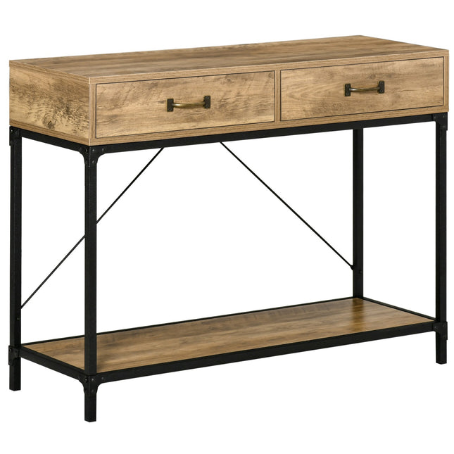Vintage brown console table, 2 drawers & bottom shelf