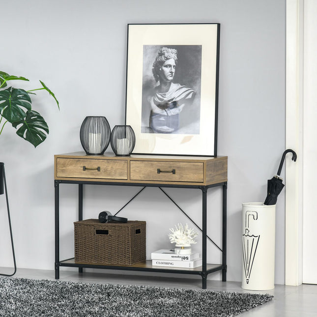Vintage brown console table, 2 drawers & bottom shelf