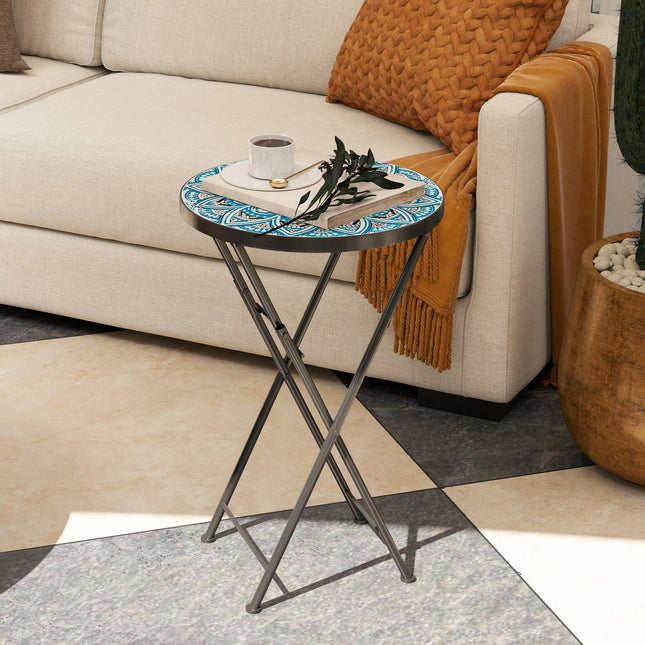 Blue Mosaic Folding Metal Table, Weather Resistant - Indoor/Outdoor