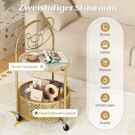 Side table glass with wheels 2-tier glass table round with bear pattern gold