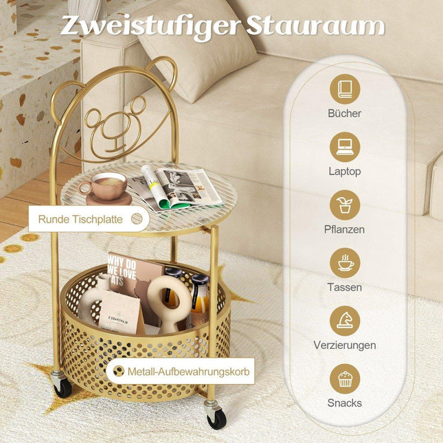Side table glass with wheels 2-tier glass table round with bear pattern gold