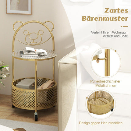 Side table glass with wheels 2-tier glass table round with bear pattern gold