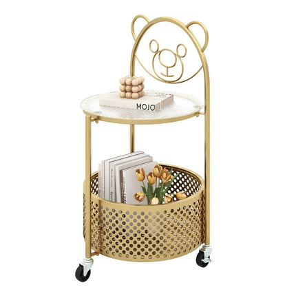 Side table glass with wheels 2-tier glass table round with bear pattern gold