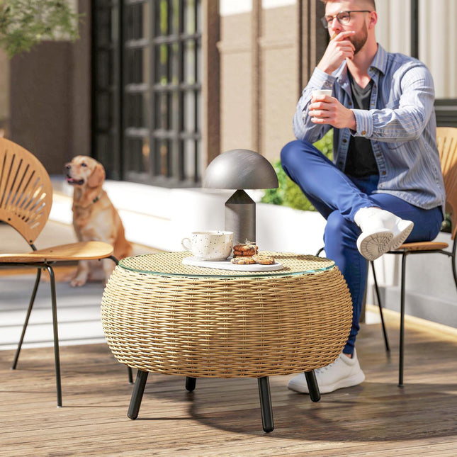 Round coffee table in poly rattan with glass top - Ø75 x 42 cm