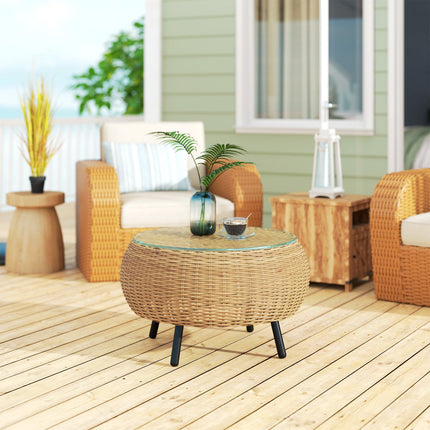 Round coffee table in poly rattan with glass top - Ø75 x 42 cm