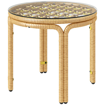 Round side table in poly rattan, Glass top, Ø50 cm, Yellow