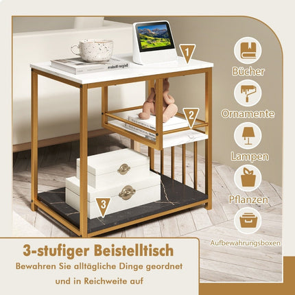 Side table marble look 3-tier bedside table with metal frame coffee table modern living room table white