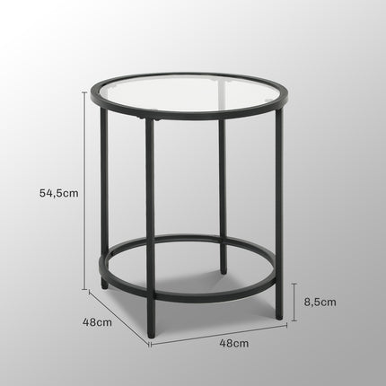Black round side table - Glass top, metal frame, Ø48 x 54.7 cm