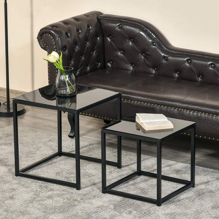Black nesting coffee table set - Glass top, steel frame
