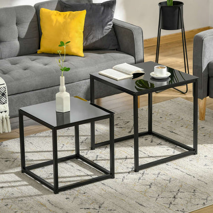 Black nesting coffee table set - Glass top, steel frame