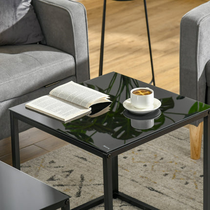 Black nesting coffee table set - Glass top, steel frame