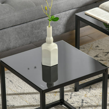 Black nesting coffee table set - Glass top, steel frame