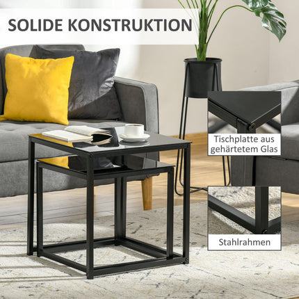 Black nesting coffee table set - Glass top, steel frame