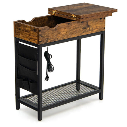 Side table with charging station, narrow coffee table, 60 x 30 x 58.5 cm, brown
