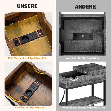 Side table with charging station, narrow coffee table, 60 x 30 x 58.5 cm, brown