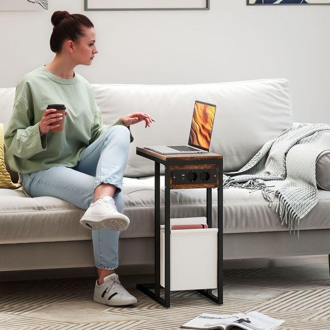 Side Table with Outlets & USB Ports, C-Shaped Design