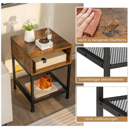 Side table with storage compartment and grid shelf bedside table with metal frame 40 x 40 x 57.5 cm