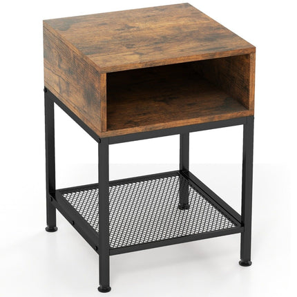 Side table with storage compartment and grid shelf bedside table with metal frame 40 x 40 x 57.5 cm