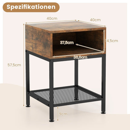 Side table with storage compartment and grid shelf bedside table with metal frame 40 x 40 x 57.5 cm