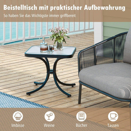 Side table with table top made of tempered glass, weatherproof balcony table, small garden table