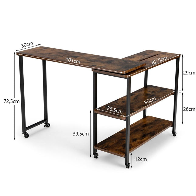 Bijzettafel houten salontafel L-vormig tafelblad 360° draaibaar 3 niveaus woonkamertafel vintage 101 x 82,5 x 72,5 cm