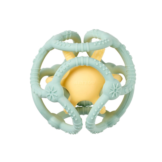 Silicone Teether and Rattle Set, 2 Balls in Aqua Green and Yellow