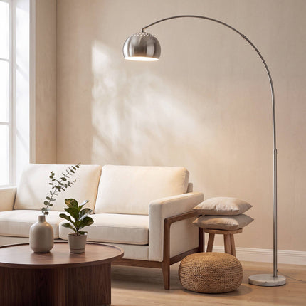Silver Arc Floor Lamp with Marble Base, Adjustable Head