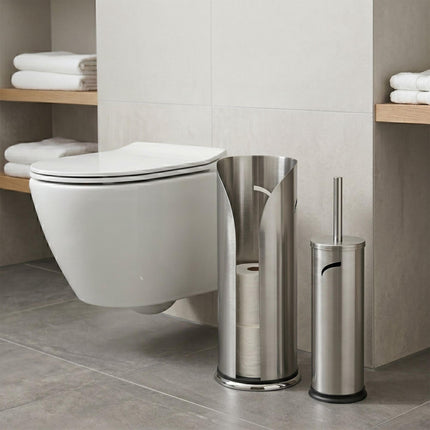 Silver Bathroom Set: Toilet Roll Holder & Brush