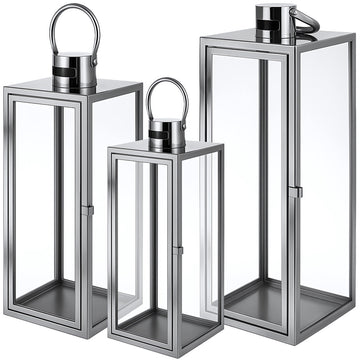 Silver Glass Candle Lanterns Set of 3, 38/49/63 cm, Stainless Steel Frame