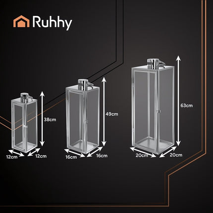 Silver Glass Candle Lanterns Set of 3, 38/49/63 cm, Stainless Steel Frame