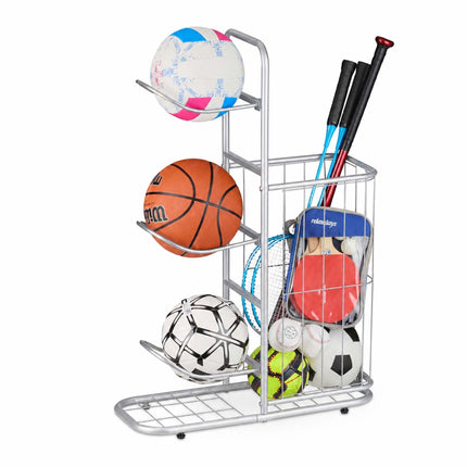 Silver Metal Ball Rack with 4 Shelves and Basket
