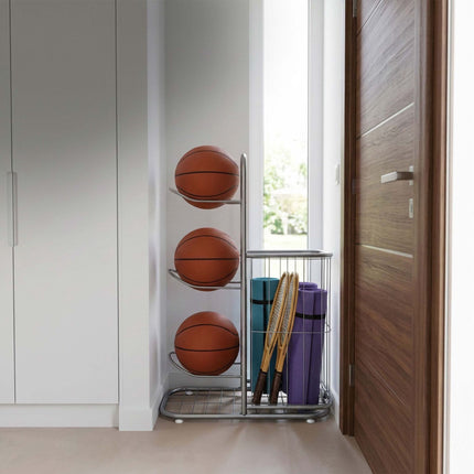 Silver Metal Ball Rack with 4 Shelves and Basket