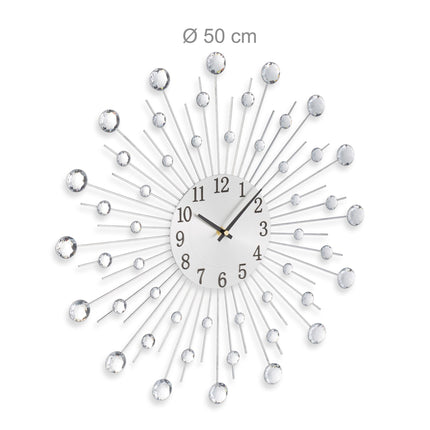 Silver Wall Clock with Glittering Stones, 50cm Diameter