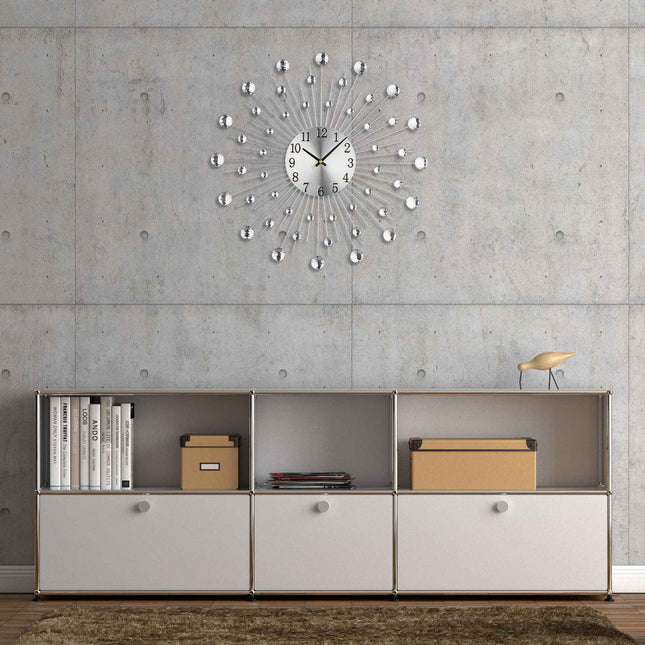 Zilveren wandklok met glinsterende steentjes, diameter 50 cm