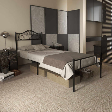 Single Bed Frame, Black Steel, 90x200 cm, Storage Space