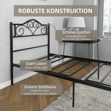 Single Bed Frame, Black Steel, 90x200 cm, Storage Space
