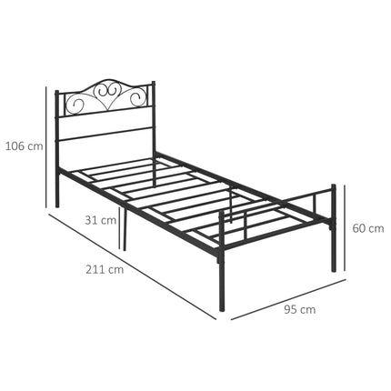 Single Bed Frame, Black Steel, 90x200 cm, Storage Space