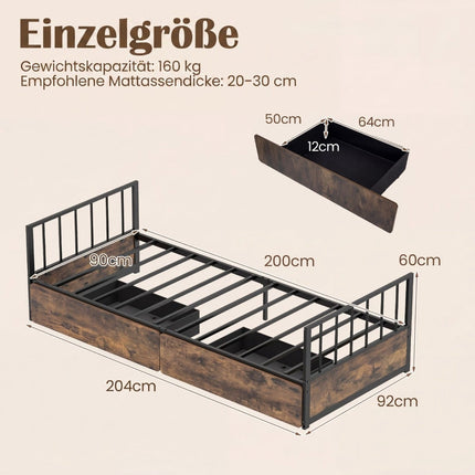 Single Bed Frame with 2 Drawers, Headboard, Footboard