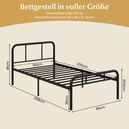 Single Metal Bed Frame with Headboard & Footboard, 90x200 cm