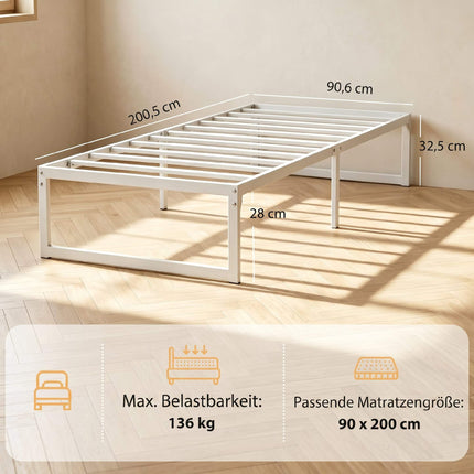 Single Metal Bed Frame with Storage, 90 x 200 cm, White