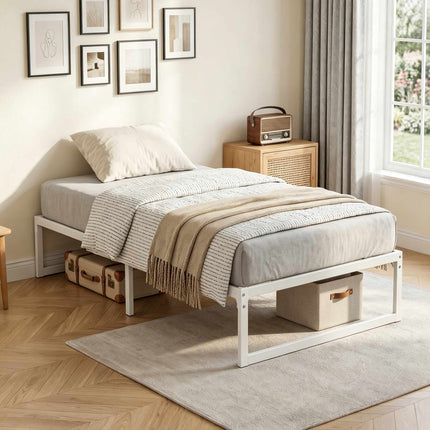 Single Metal Bed Frame with Storage, 90 x 200 cm, White