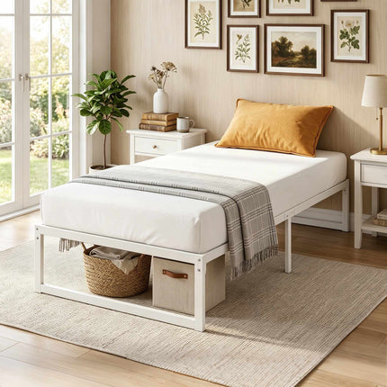 Single Metal Bed Frame with Storage, 90 x 200 cm, White