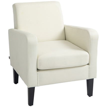 Enkele fauteuil met rugleuning, afgeronde armleuningen, gewatteerde loungestoel met linnenlook, houten poten, voor slaapkamer, woonkamer, tot 150 kg, crèmewit