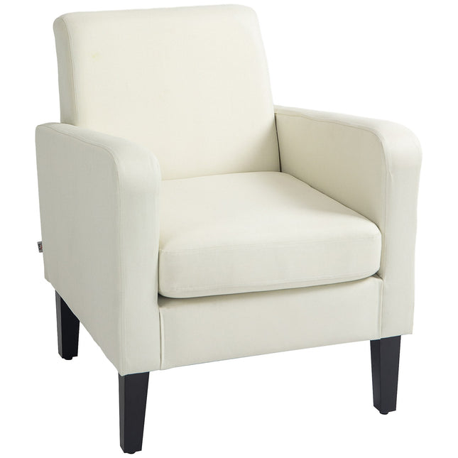 Enkele fauteuil met rugleuning, afgeronde armleuningen, gewatteerde loungestoel met linnenlook, houten poten, voor slaapkamer, woonkamer, tot 150 kg, crèmewit