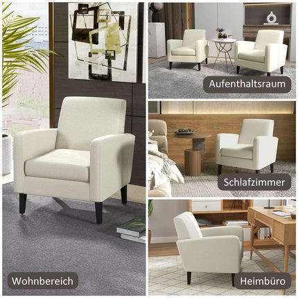 Enkele fauteuil met rugleuning, afgeronde armleuningen, gewatteerde loungestoel met linnenlook, houten poten, voor slaapkamer, woonkamer, tot 150 kg, crèmewit