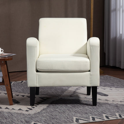 Enkele fauteuil met rugleuning, afgeronde armleuningen, gewatteerde loungestoel met linnenlook, houten poten, voor slaapkamer, woonkamer, tot 150 kg, crèmewit
