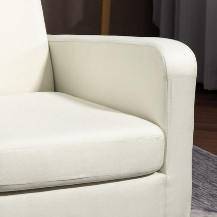 Enkele fauteuil met rugleuning, afgeronde armleuningen, gewatteerde loungestoel met linnenlook, houten poten, voor slaapkamer, woonkamer, tot 150 kg, crèmewit