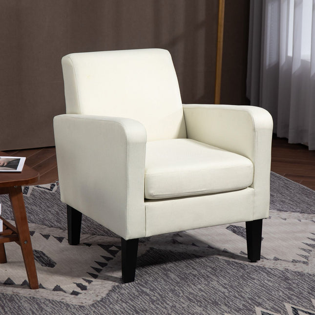Enkele fauteuil met rugleuning, afgeronde armleuningen, gewatteerde loungestoel met linnenlook, houten poten, voor slaapkamer, woonkamer, tot 150 kg, crèmewit