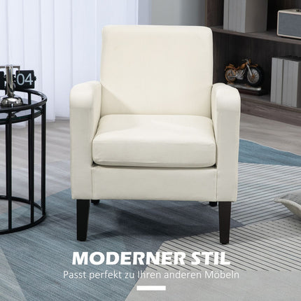 Enkele fauteuil met rugleuning, afgeronde armleuningen, gewatteerde loungestoel met linnenlook, houten poten, voor slaapkamer, woonkamer, tot 150 kg, crèmewit