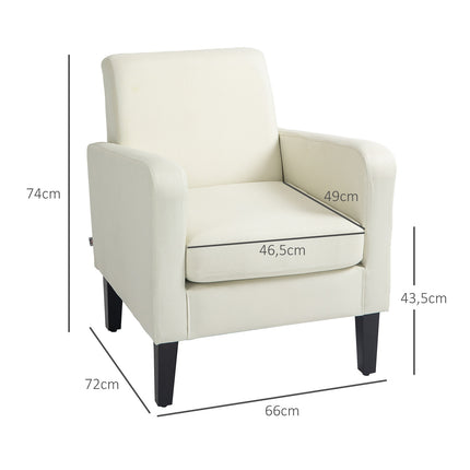 Enkele fauteuil met rugleuning, afgeronde armleuningen, gewatteerde loungestoel met linnenlook, houten poten, voor slaapkamer, woonkamer, tot 150 kg, crèmewit
